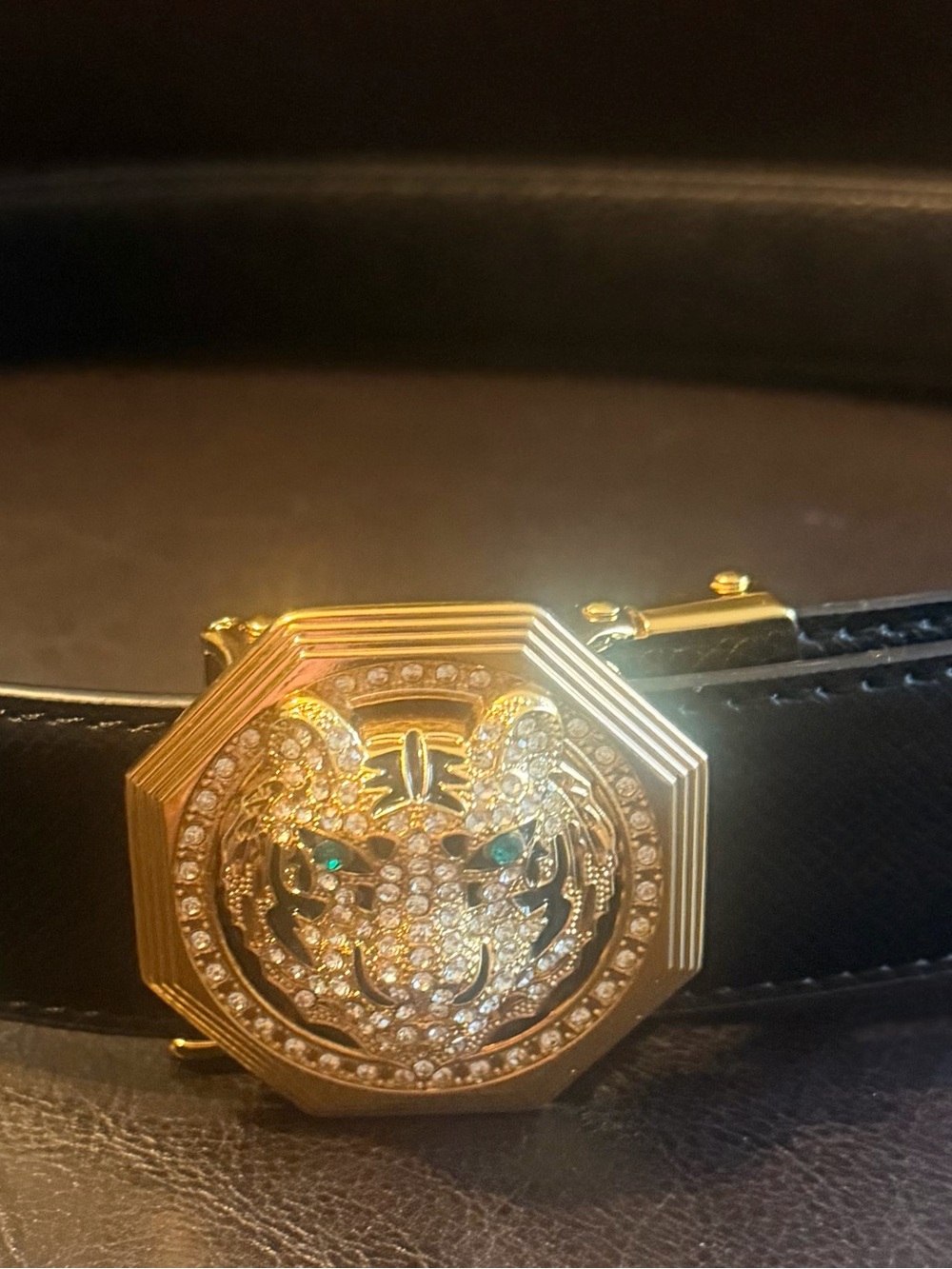 Embellished Gold Panther Buckle Belt - Black